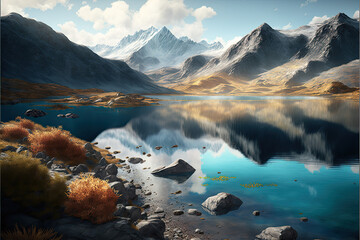 Beautiful landscape of mountain peaks and lakes