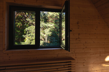Window in a wooden house with a view of green pine trees 
