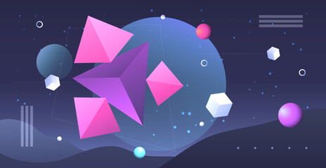 Abstract planets on a background of wireframe geometric shapes. Abstract drawing of the future, science fiction and astronomy. © Andrey KENO