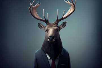 portrait of an elk dressed in a formal business suit. Generative AI