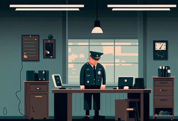 Uniformed policeman works at police station.