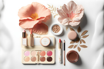 Flatlay of beauty cosmetics with white background, generative ai