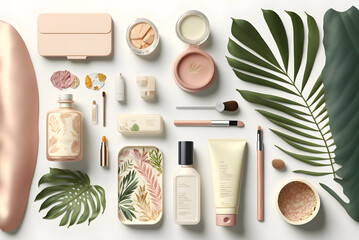 Flatlay of beauty cosmetics with white background, generative ai