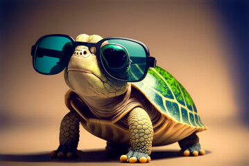 funny turtle with way too big sunglasses on a simple background generative ai
