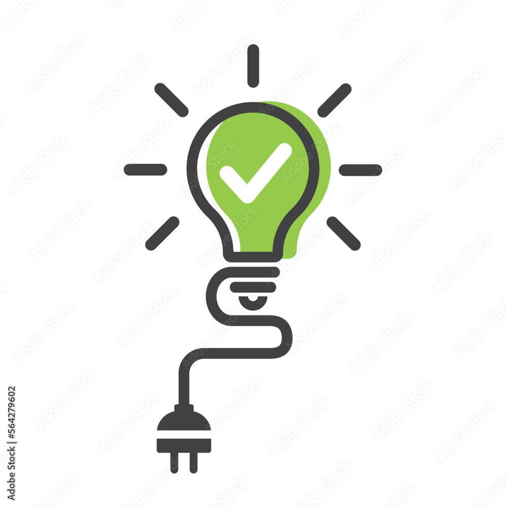 Poster check mark inside lightbulb with power plug.