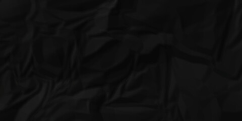 Dark Black facbric paper backdrop crumpled texture. dark black textured crumpled black paper background. panorama black paper texture background, crumpled pattern.