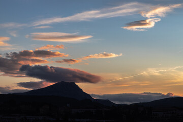 the Sainte Victoire mountain in the light of a cloudy winter morning