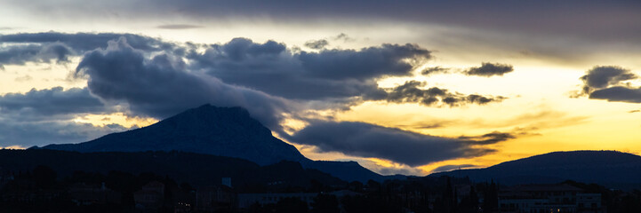 the Sainte Victoire mountain in the light of a cloudy winter morning