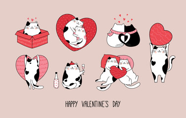 Hand drawn character romantic collection with cute cats for Valentine's Day and Love.