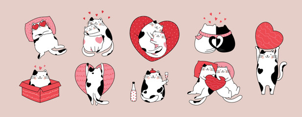 Hand drawn character collection with cute cats for Valentine's Day and Love.