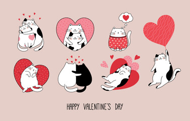 Set of cute cats in love. Vector design concept for Valentine's day.