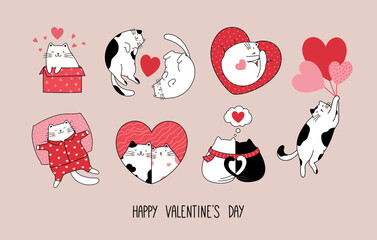 Romantic set of funny cute cats in love. Vector design concept for Valentine's day.
