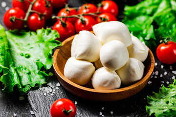 Mozzarella cheese with cherry tomatoes and lettuce. 