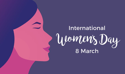 8 march background design. Happy international women's day vector web banner. Graphic illustration with woman's face silhouette. Calligraphic text
