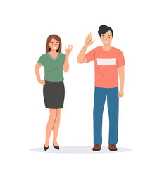 Young woman and man waives hands in hello gesture. People stand full body. Flat style cartoon vector illustration.