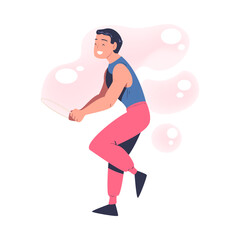 Man Performing Soap Bubble Show Making Liquid Sphere Vector Illustration