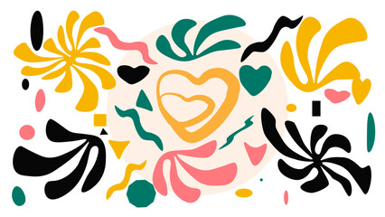 Abstract shapes fashion trend, pastel palette, hippie style 60s 70s. Matisse element.