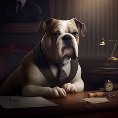 cachorro bulldog inglês trabalhando no escritório