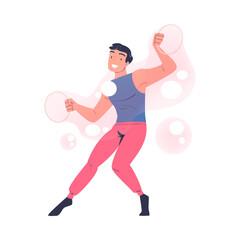 Man Performing Soap Bubble Show Making Liquid Sphere Vector Illustration