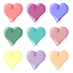 
A set of 9 hand drawn hearts in different colors. Suitable for valentine's holiday or print on clothes