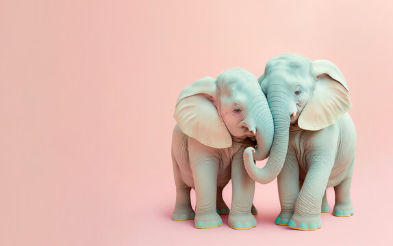 Animal pastel love concept, wild animals loving and hugging each other, two beautiful elephants. Valentine's Day in the animal world. Illustration, Generative AI.