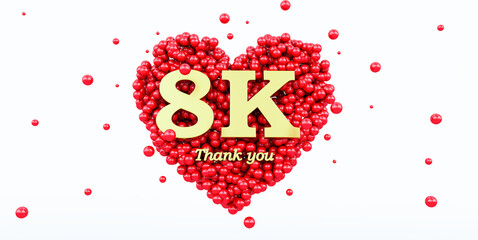 3D render of a gold 8000 followers thank you isolated on white background, 8k, red heart and red balloons, ball.
