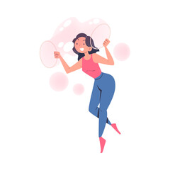 Happy Woman Performing Soap Bubble Show Making Liquid Sphere Vector Illustration