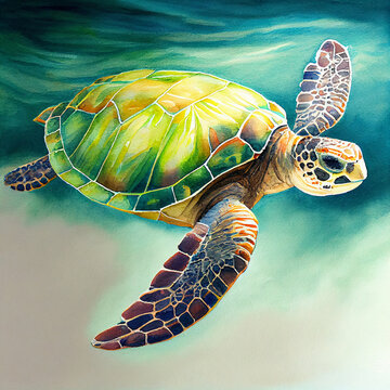 Watercolor of a green sea turtle