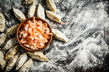 Raw dumplings gyoza with fresh shrimp. 