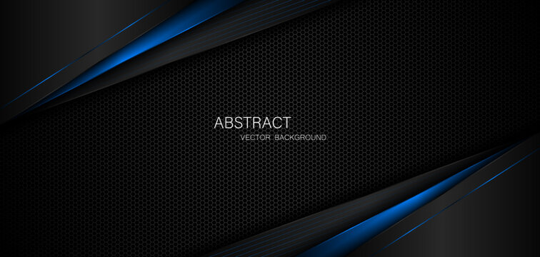 Abstract black and blue polygon with blue glow lines on dark steel mesh background with free space for design. modern technology innovation concept background
