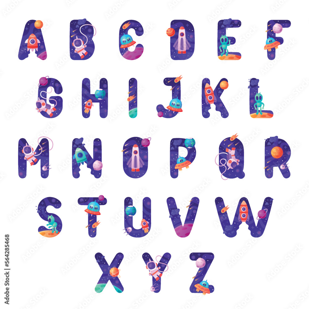 Sticker space font and alphabet with cosmic capital letters vector set