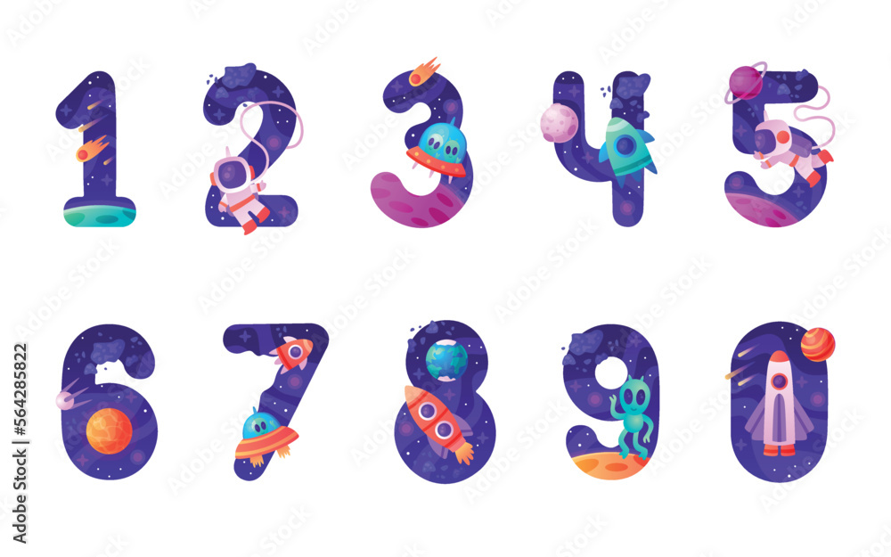 Poster space numbers and cosmic numeral with shuttle and planet vector set