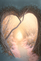 Forest creative misty landscape with heart shaped tree wreath, pastel color love frame in fog. Illustration, Generative AI.