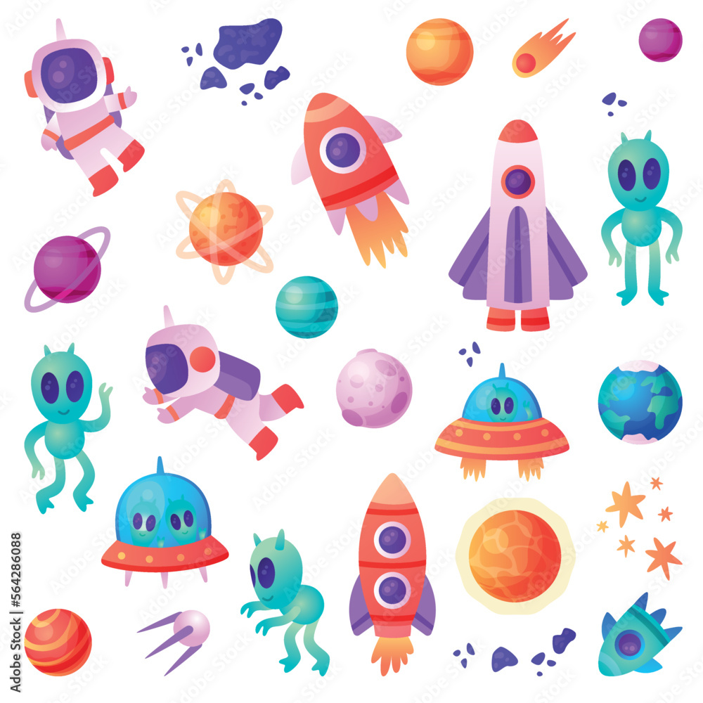 Poster space and universe exploration objects with rocket, planet and astronaut vector set
