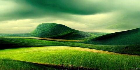 Beautiful landscape in green colors. Abstract green nature backgorund. Generative Ai