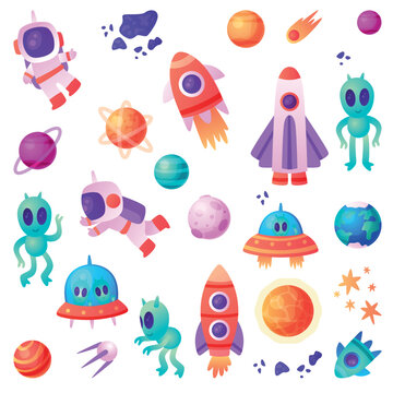 Space and Universe Exploration Objects with Rocket, Planet and Astronaut Vector Set