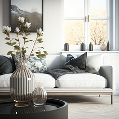 View of modern scandinavian style interior with sofa and trendy vase, Home staging and minimalism concept.