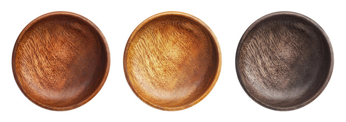 Set of empty wooden bowls, view from above, cut out