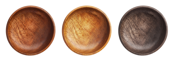 Set of empty wooden bowls, view from above, cut out