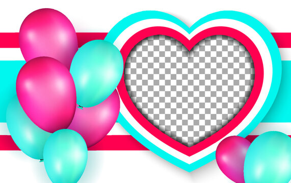 Pink and cyan balloons vector with herat shape with space for own photo premium vector