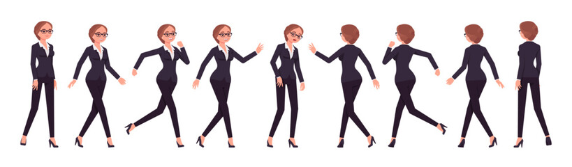 Attractive businesswoman set, different walk, run poses. Office girl, female manager workwear chic jacket pants outfit for work occasion. Vector flat style cartoon character isolated, white background