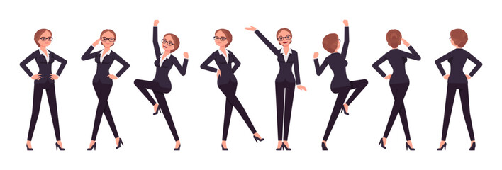 Attractive businesswoman set, positive emotion poses. Office girl, female manager workwear chic jacket pants outfit for work occasion. Vector flat style cartoon character isolated, white background