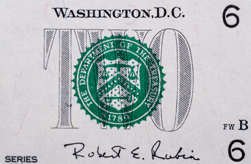 Green seal on the US$2 banknote.