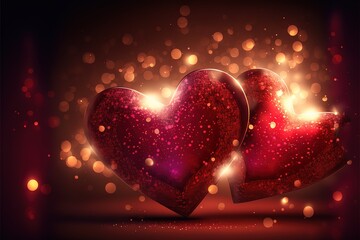 Glowing blurred hearts with red glitter. Romantic Valentine's Day Background