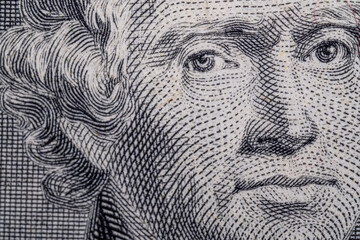 The third US President Thomas Jefferson on a $2 banknote macro photo.