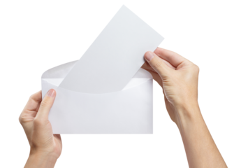 Hands taking a blank piece of paper out of a white envelope, cut out