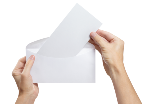 Hands taking a blank piece of paper out of a white envelope, cut out