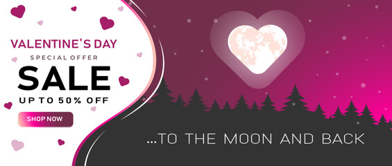 Valentines day sale with heart, Wallpaper, flyers, invitation, posters, brochure, banners. Moon. Vector illustration. Love. Special offer. up to 50% off
