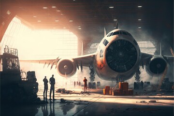 Hangar facility illustration. Warehouse hangar and passenger plane  ;storage unit. Generative Ai
