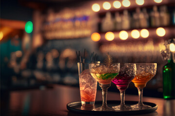 Cocktail bar background, with various colorful cocktails and some blurred people, generative ai